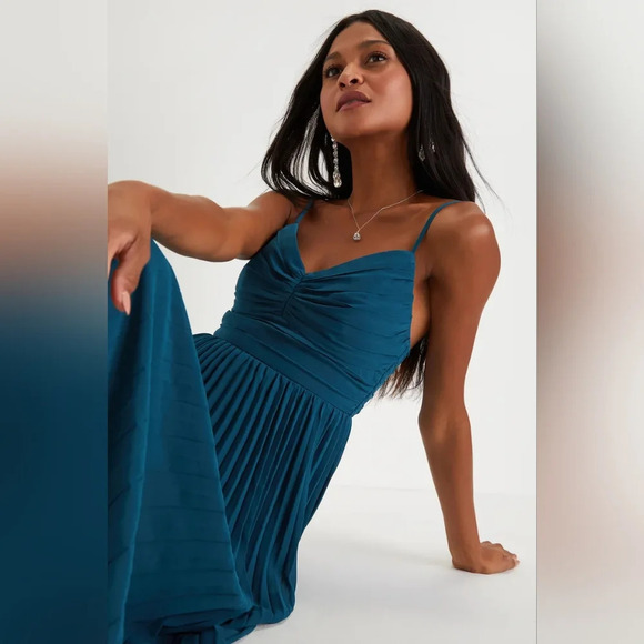 Lulus Sensational Charmer Teal Blue Pleated Sleeveless Maxi Dress M Wedding Prom - Picture 5 of 9